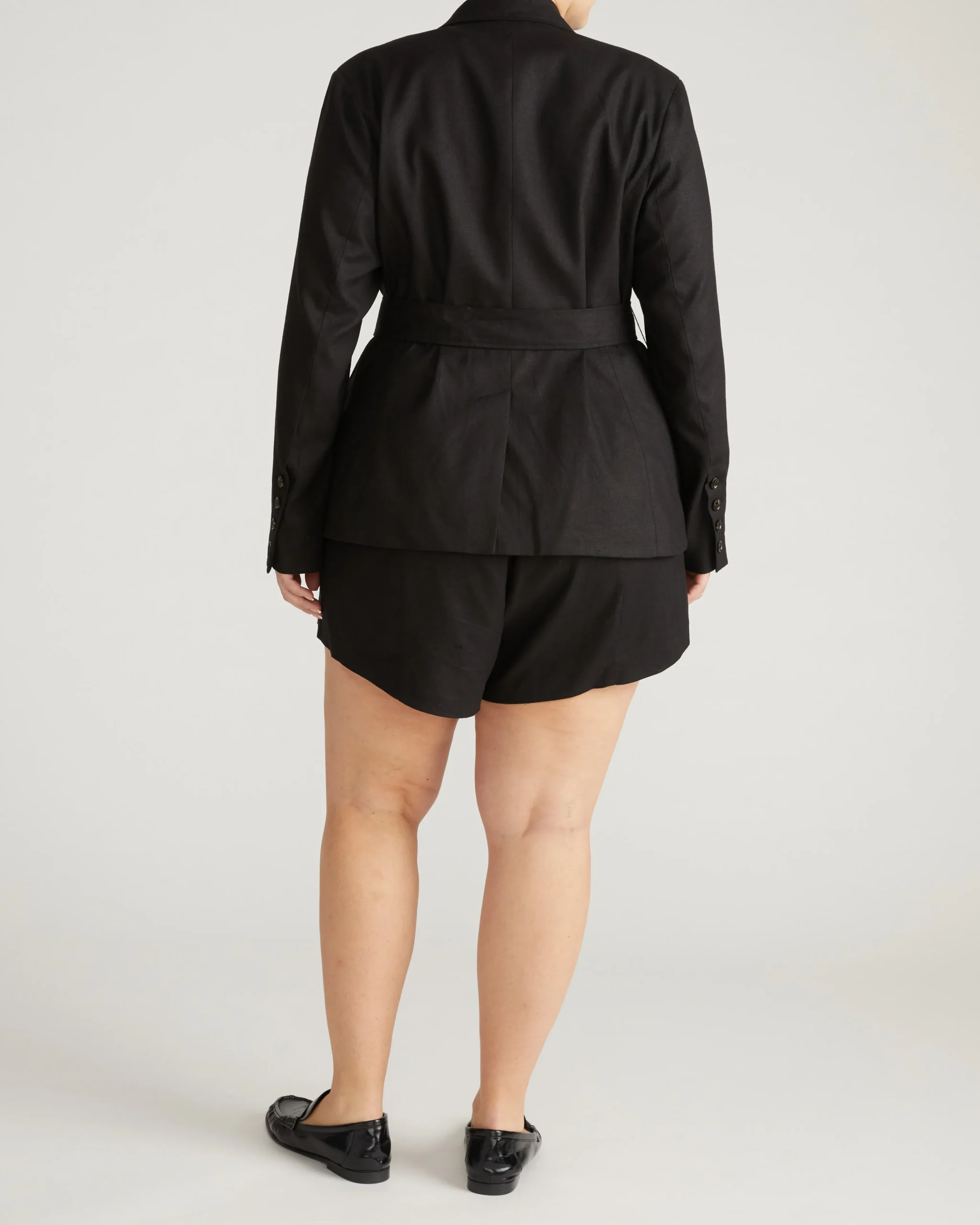 Belted Double Breasted Linen Blend Blazer Black
