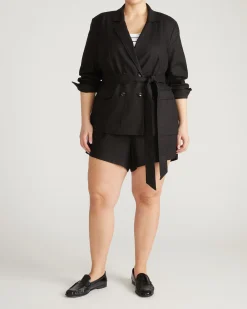 Belted Double Breasted Linen Blend Blazer Black