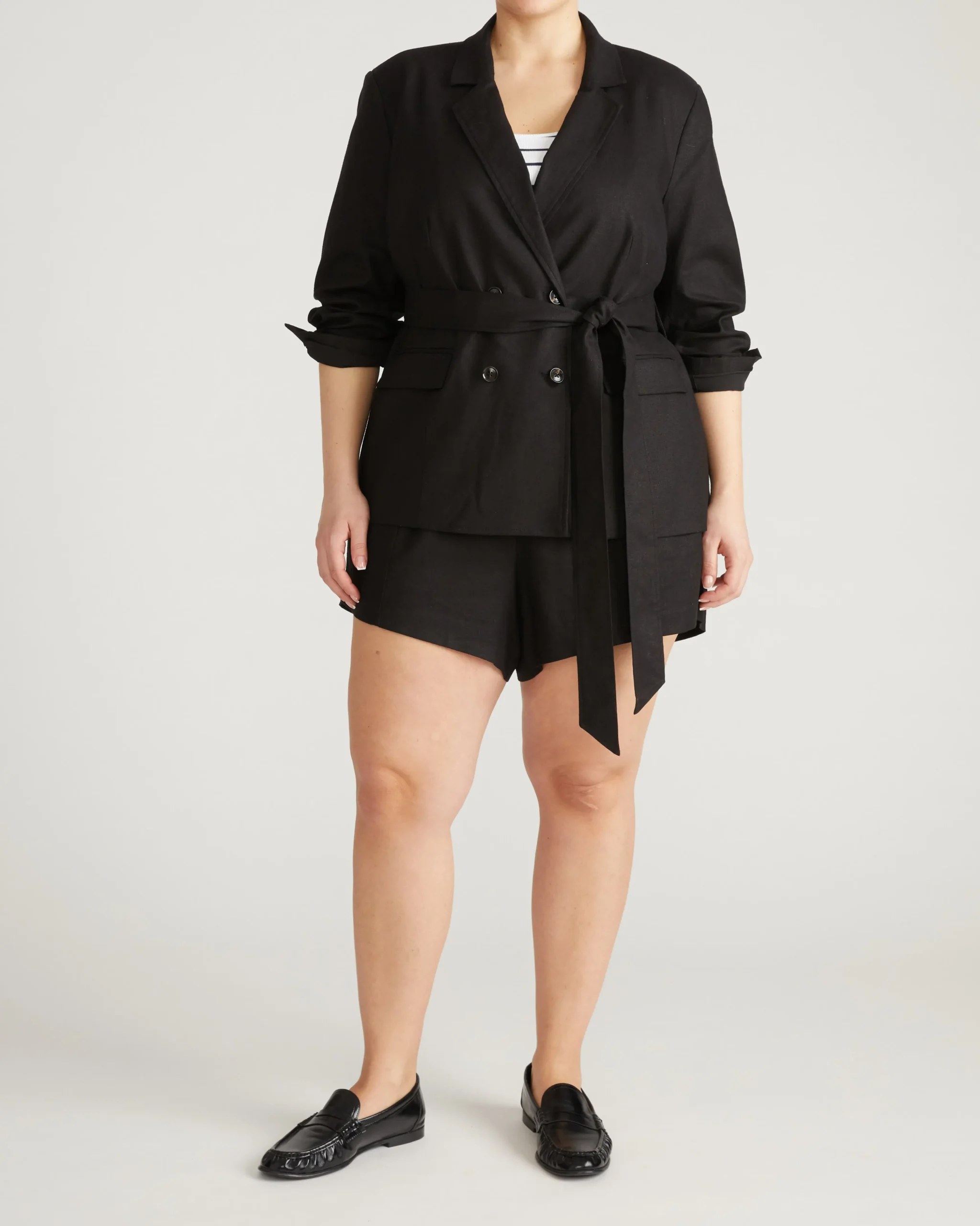 Belted Double Breasted Linen Blend Blazer Black