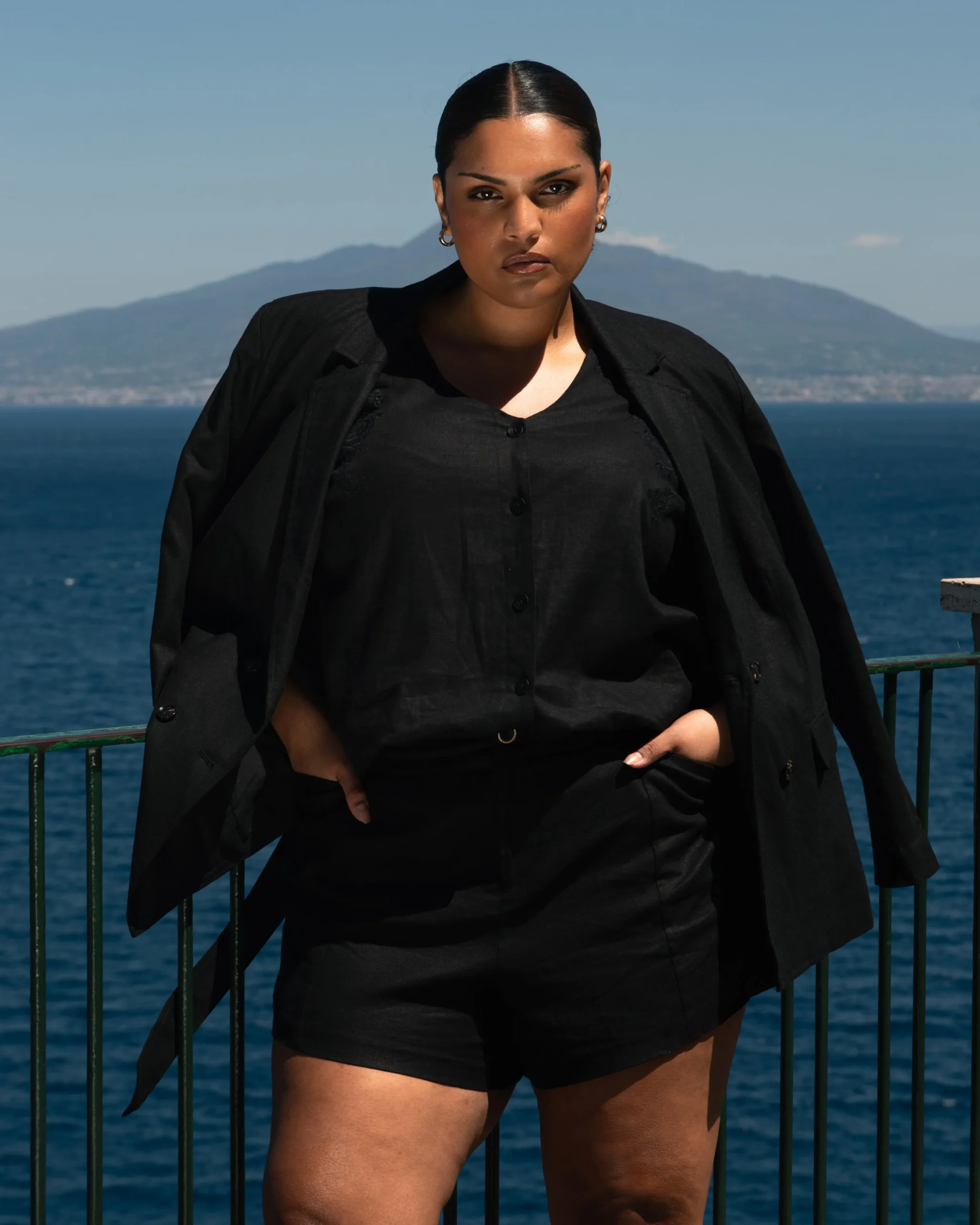 Belted Double Breasted Linen Blend Blazer Black