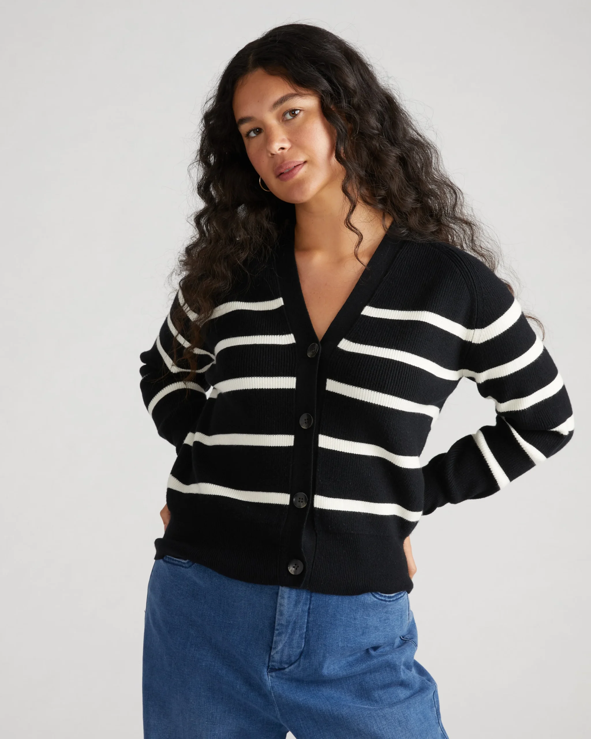 Better-Than-Wool Cardigan Black/Cream Stripe