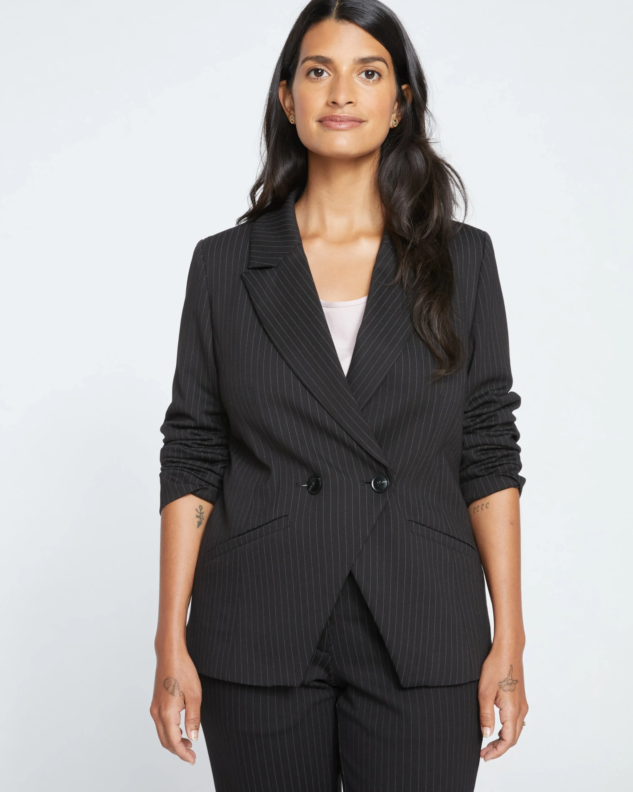 Bianca Double Breasted Ponte Blazer Slate Pinstripe