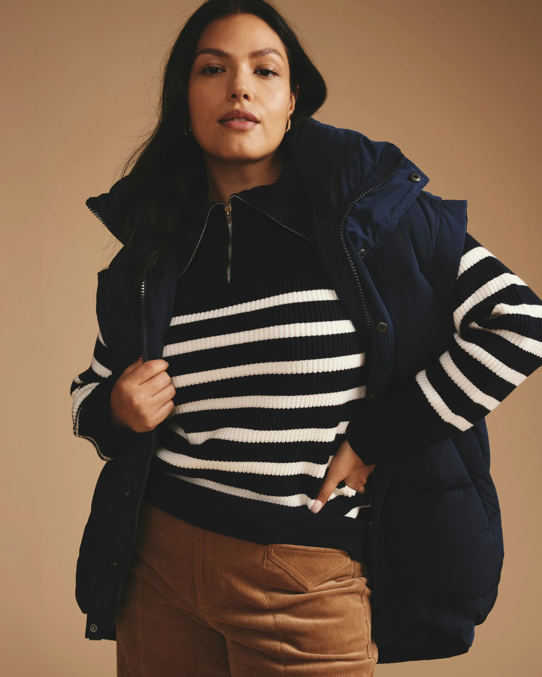 Brenda Zip Sweater Navy/Cream Stripes
