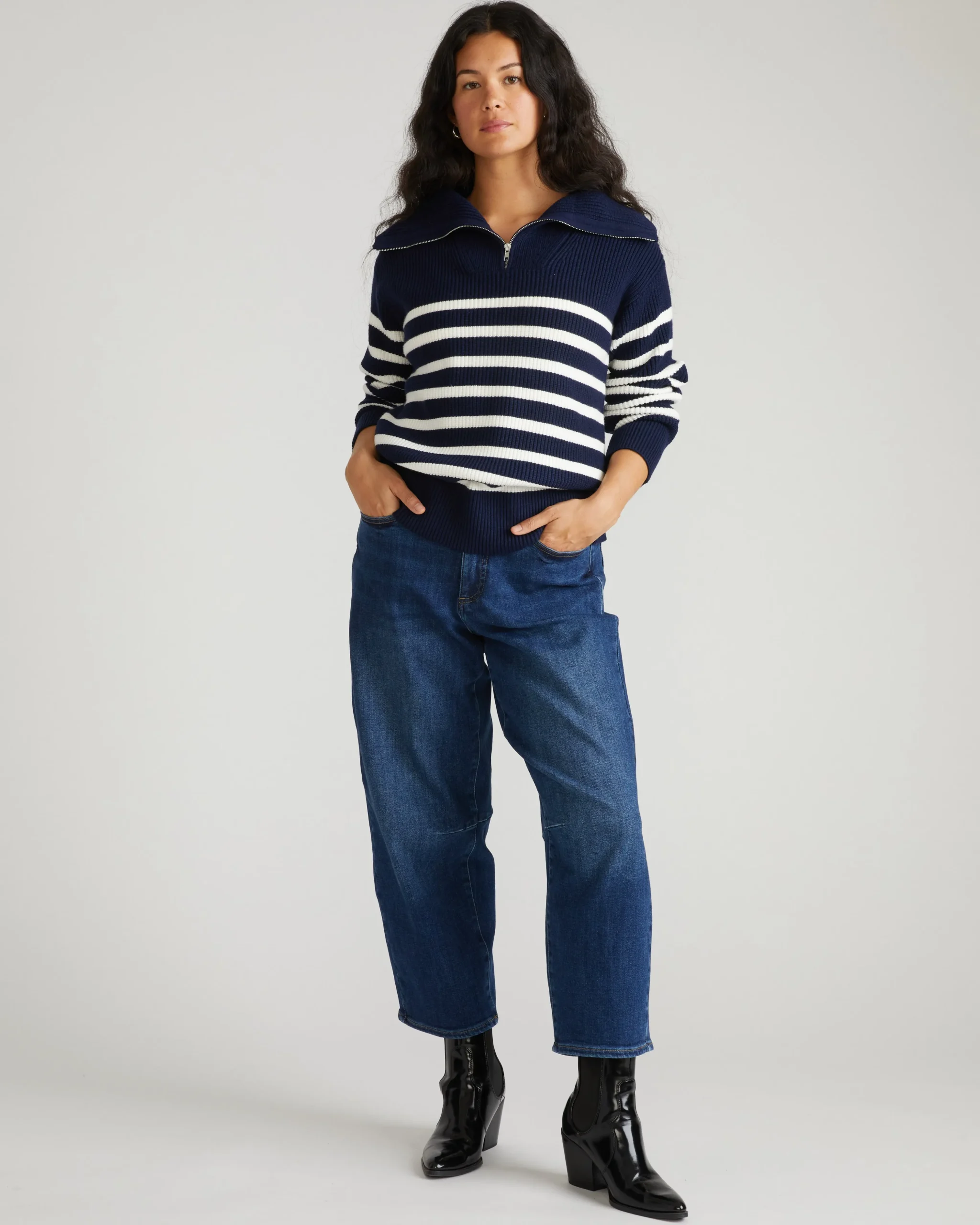 Brenda Zip Sweater Navy/Cream Stripes