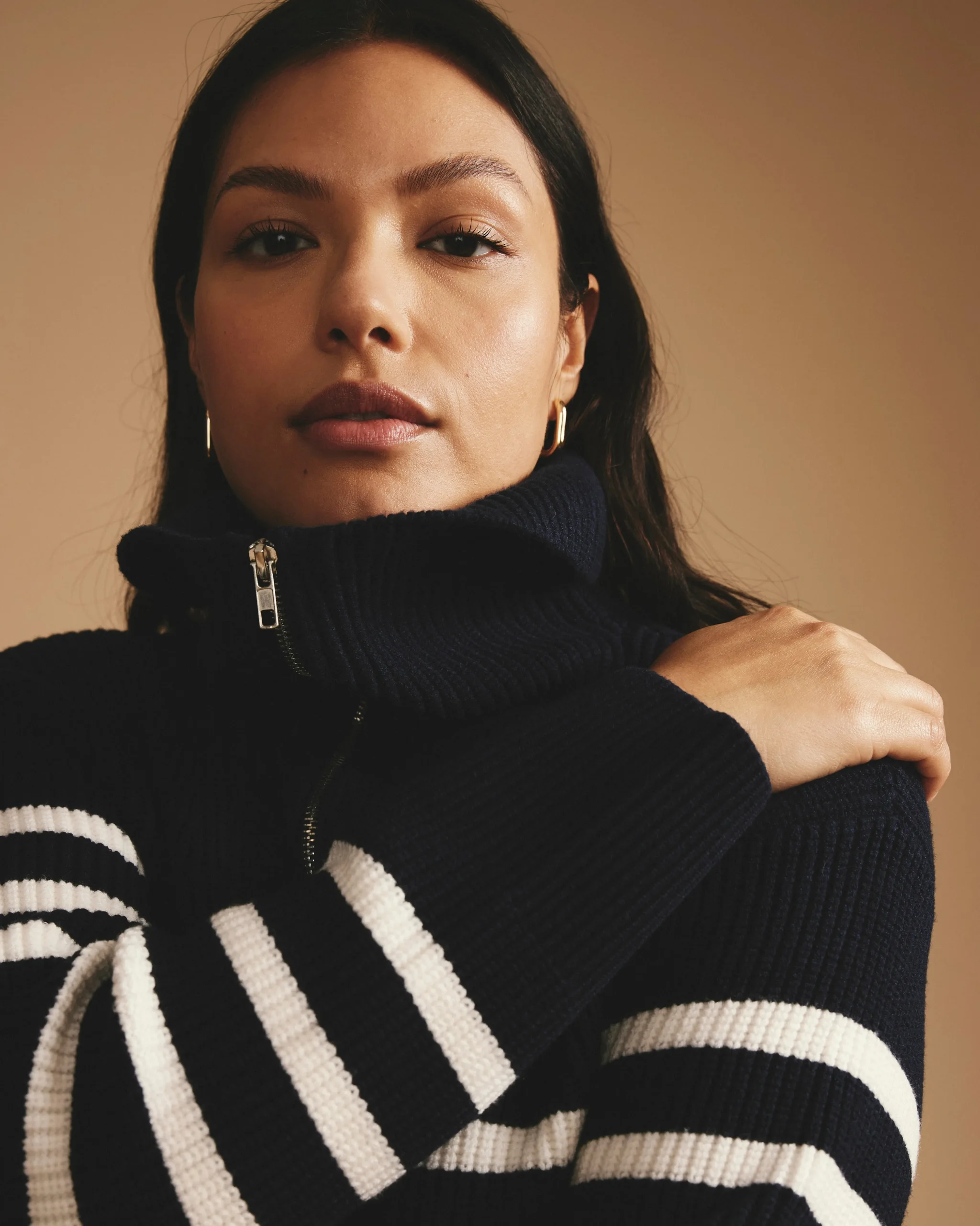 Brenda Zip Sweater Navy/Cream Stripes