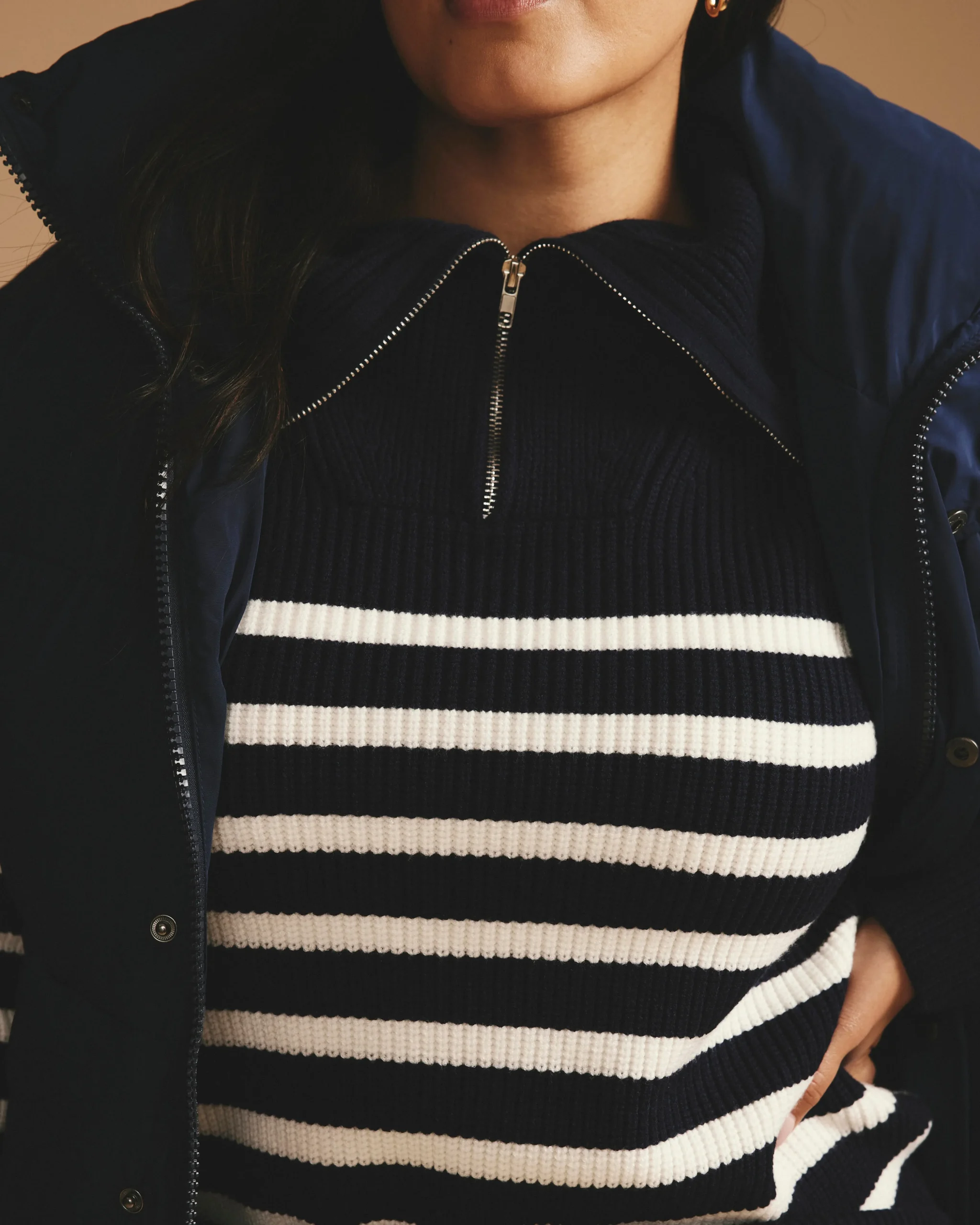 Brenda Zip Sweater Navy/Cream Stripes