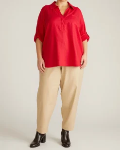 Button Back Linen Blend Polo Shirt Brilliant Red