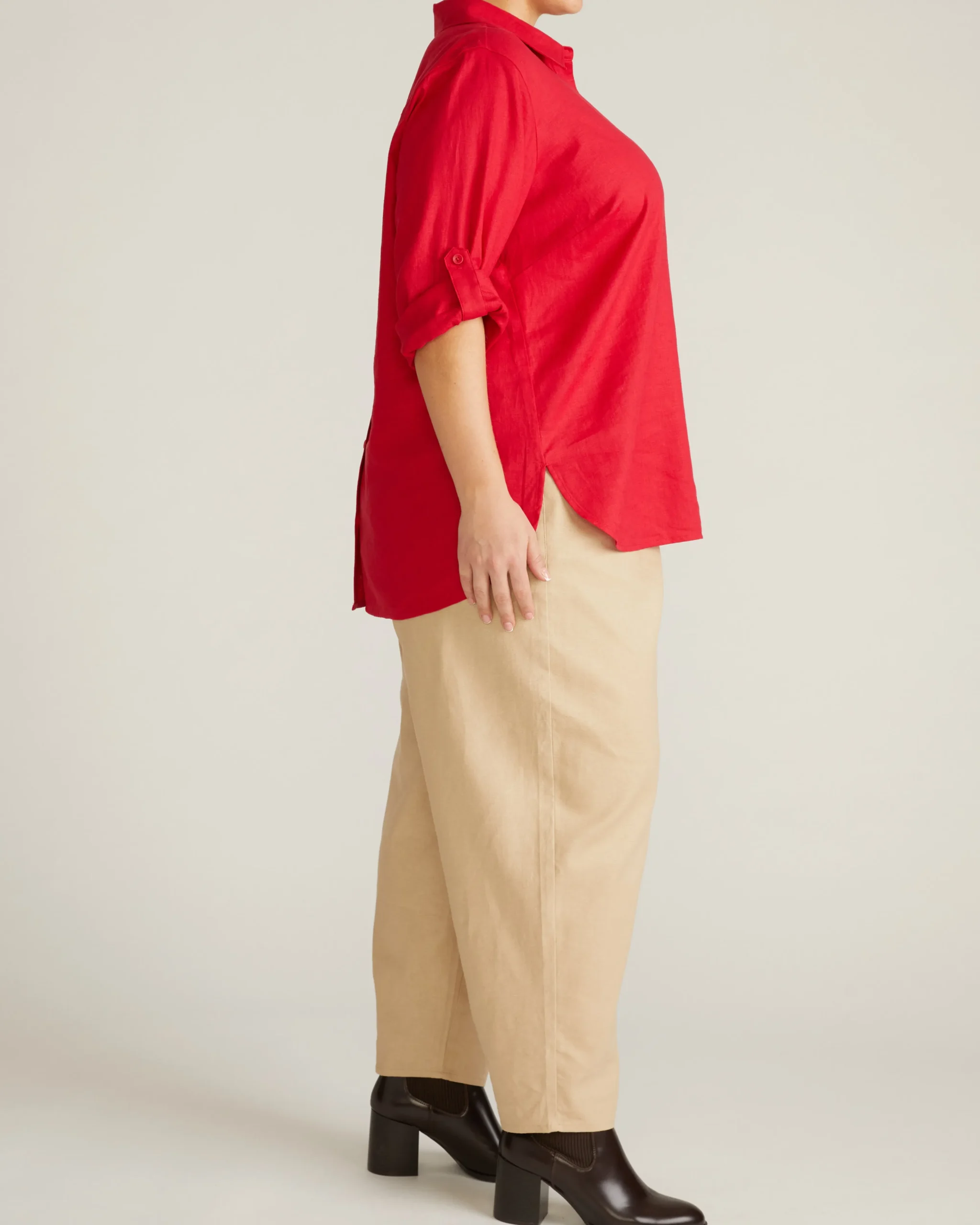 Button Back Linen Blend Polo Shirt Brilliant Red