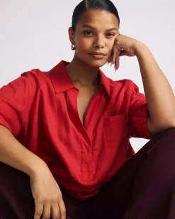Button Back Linen Blend Polo Shirt Brilliant Red