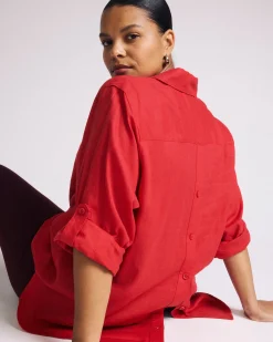 Button Back Linen Blend Polo Shirt Brilliant Red