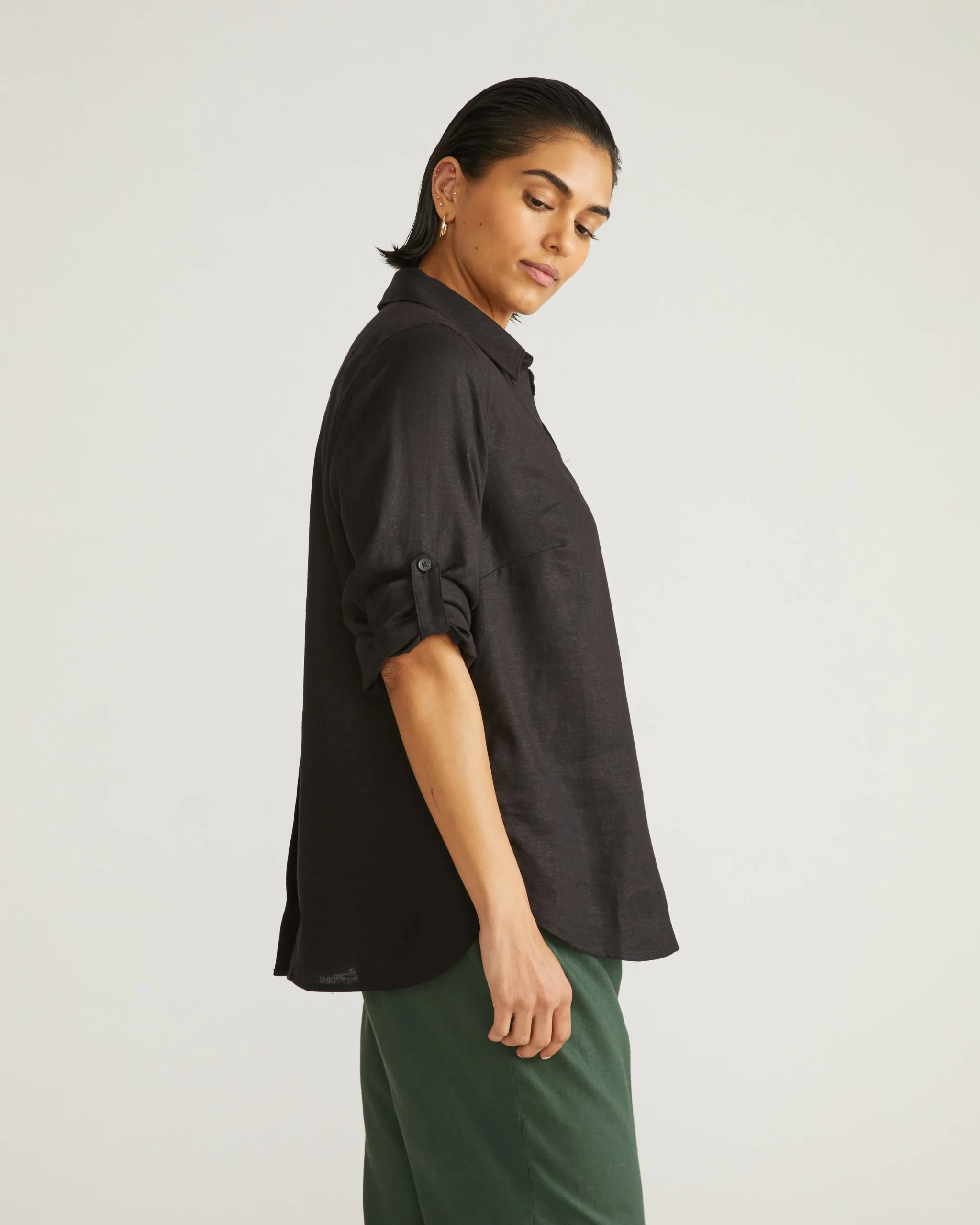 Button Back Linen Blend Polo Shirt Black