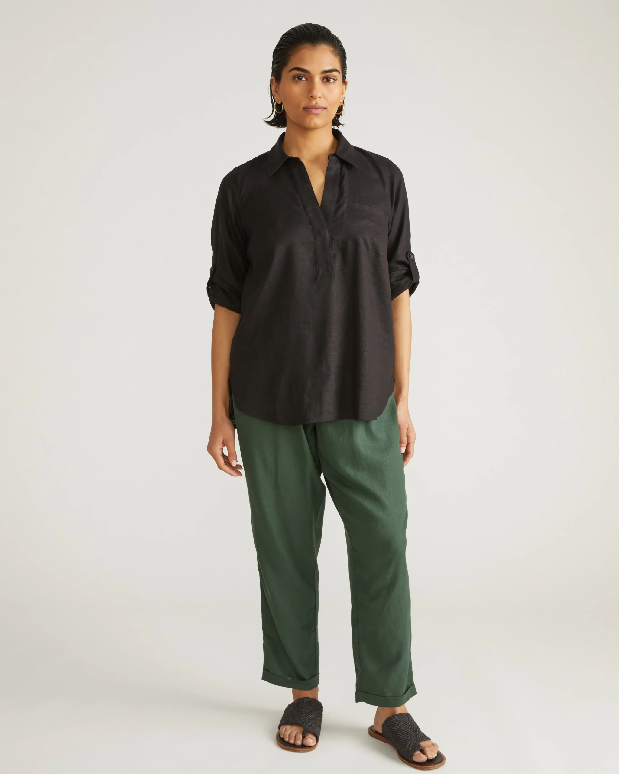 Button Back Linen Blend Polo Shirt Black