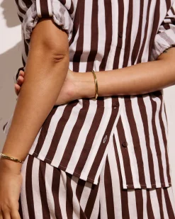 Button Back Linen Blend Polo Shirt Peppercorn Stripe