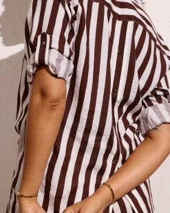 Button Back Linen Blend Polo Shirt Peppercorn Stripe
