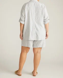Button Back Linen Blend Polo Shirt Beach Stripe