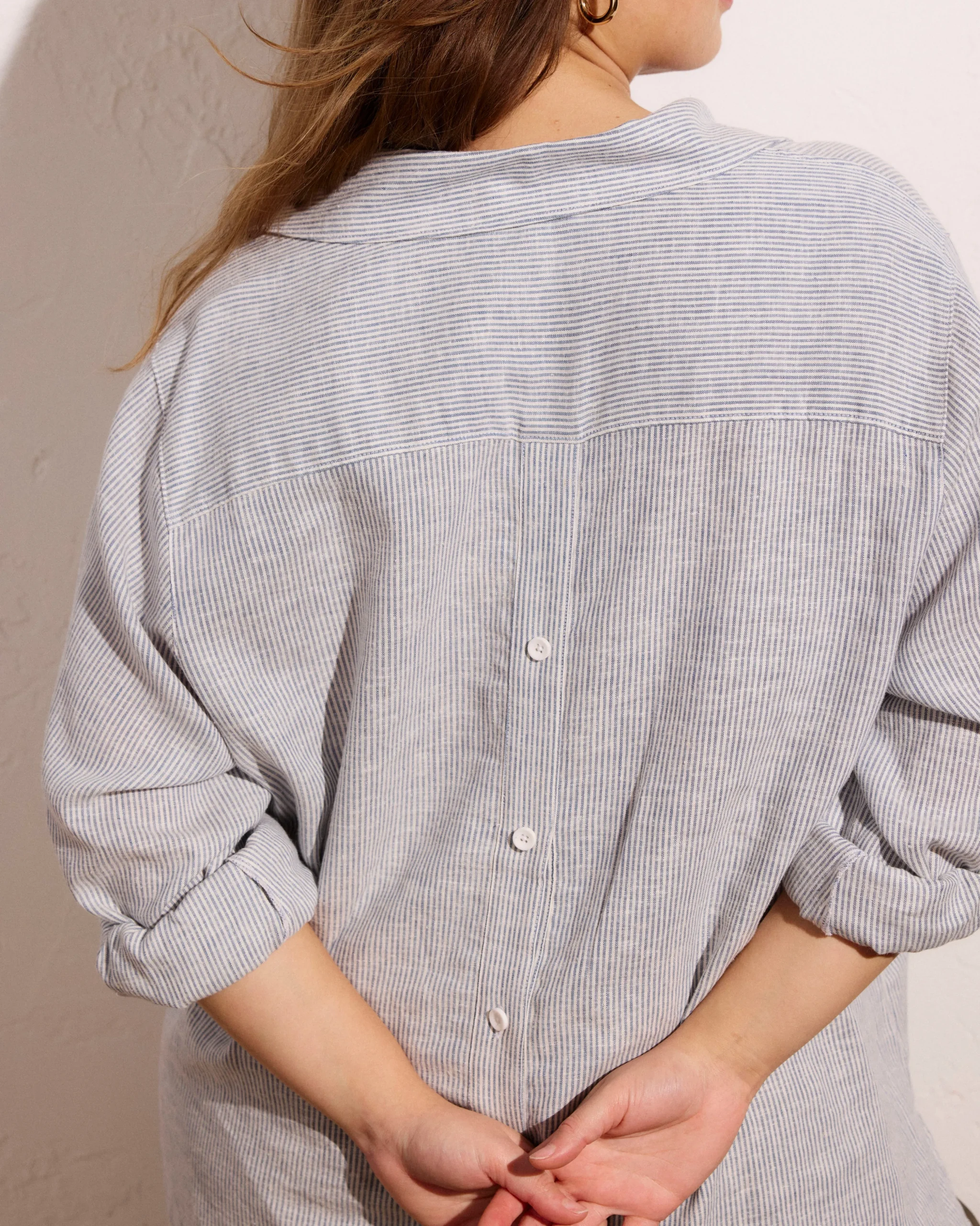 Button Back Linen Blend Polo Shirt Beach Stripe