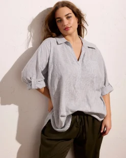 Button Back Linen Blend Polo Shirt Beach Stripe