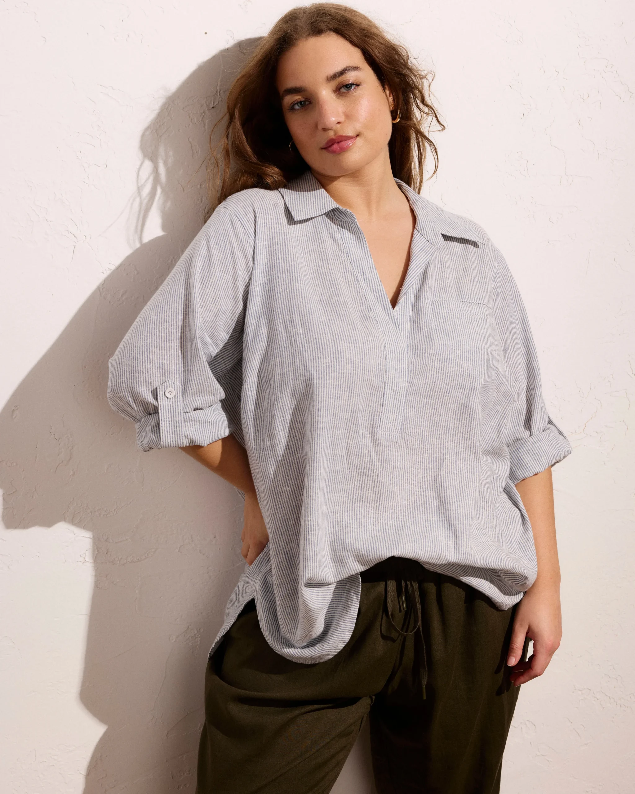 Button Back Linen Blend Polo Shirt Beach Stripe