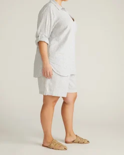 Button Back Linen Blend Polo Shirt Beach Stripe