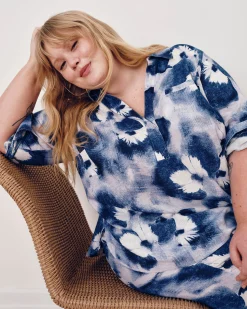 Button Back Linen Blend Polo Shirt Blue Pressed Flower Print