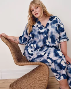Button Back Linen Blend Polo Shirt Blue Pressed Flower Print