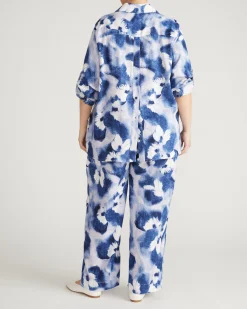 Button Back Linen Blend Polo Shirt Blue Pressed Flower Print
