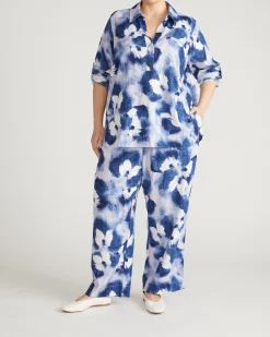Button Back Linen Blend Polo Shirt Blue Pressed Flower Print