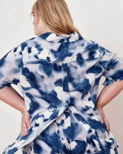 Button Back Linen Blend Polo Shirt Blue Pressed Flower Print