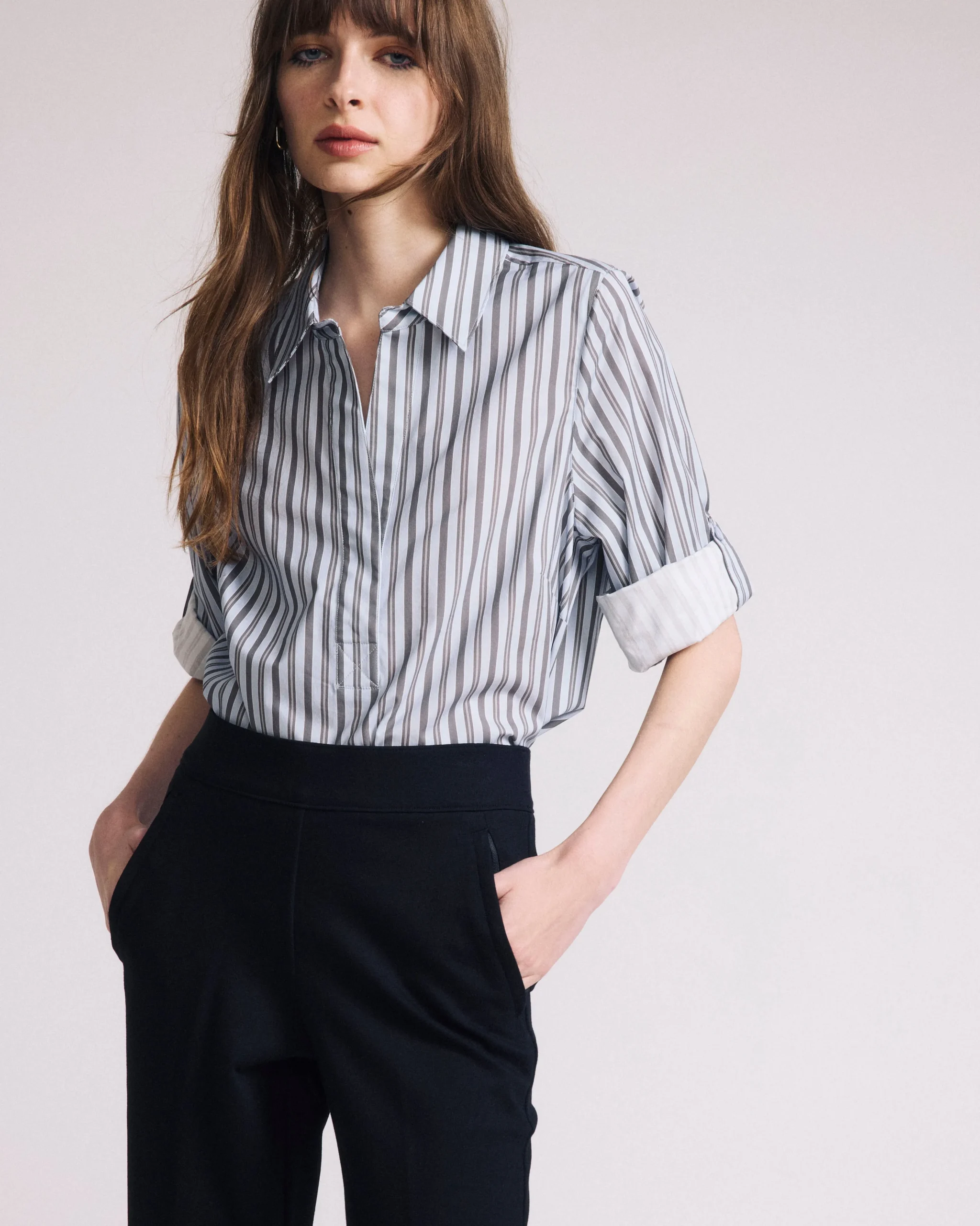 Button Back Poplin Polo Shirt Smokey Blue Stripe