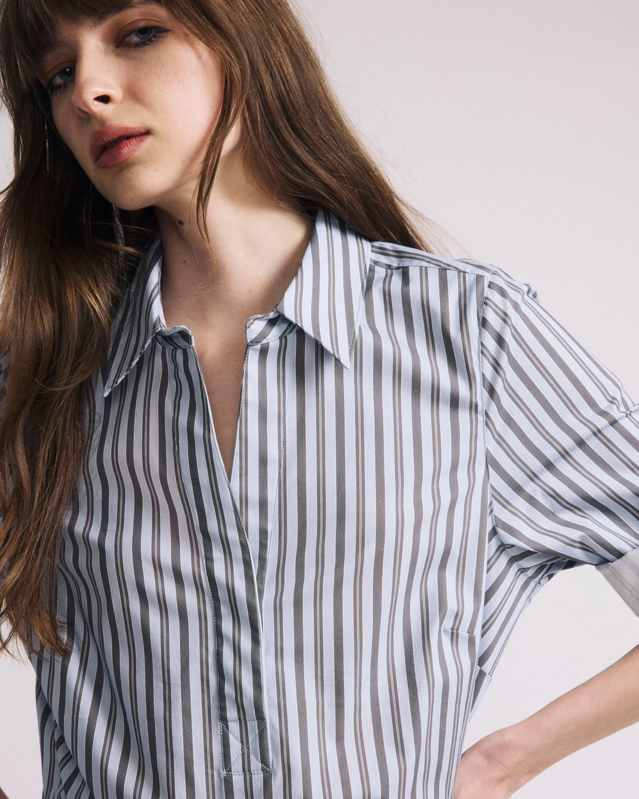 Button Back Poplin Polo Shirt Smokey Blue Stripe