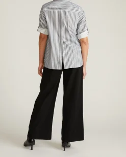 Button Back Poplin Polo Shirt Smokey Blue Stripe