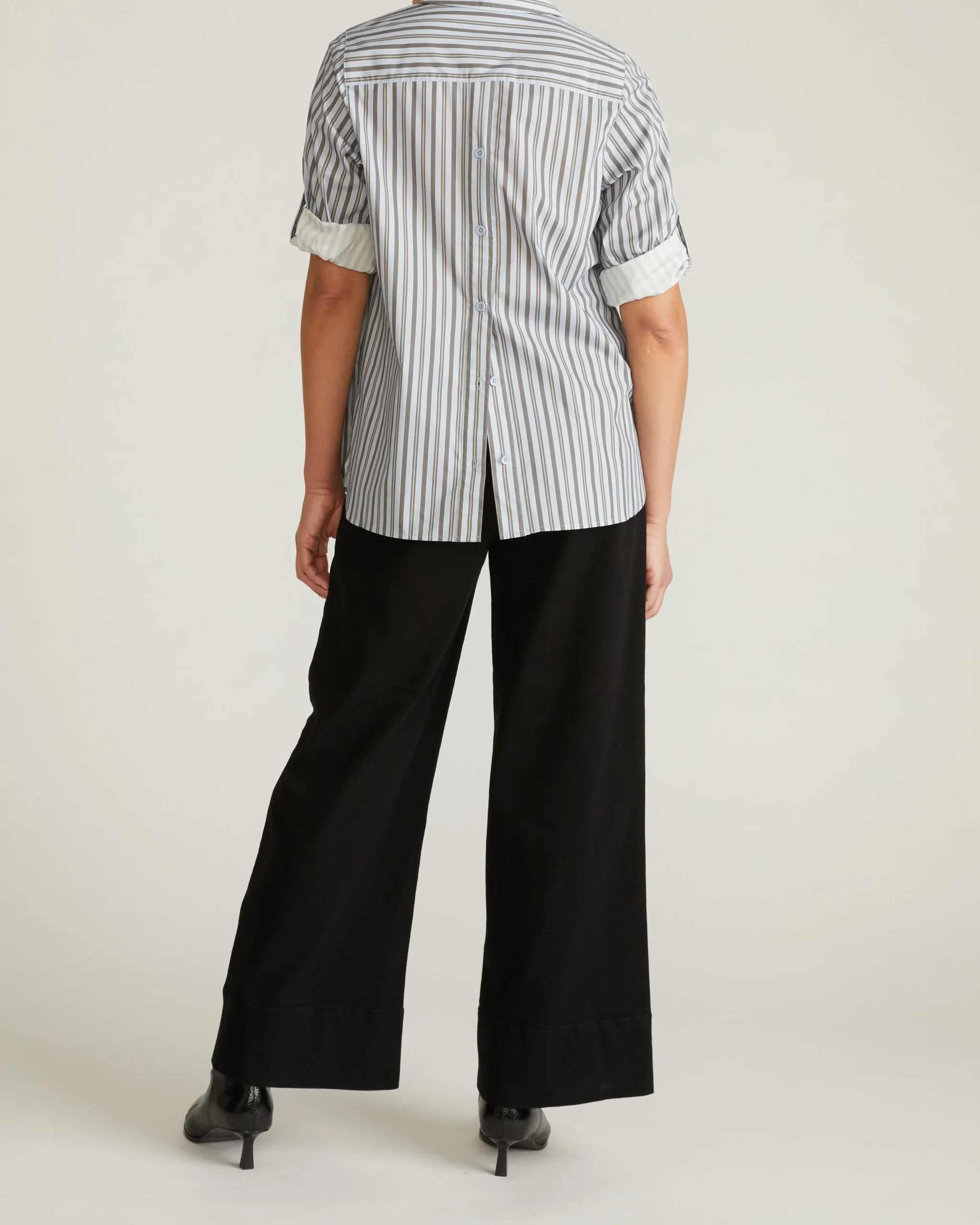 Button Back Poplin Polo Shirt Smokey Blue Stripe