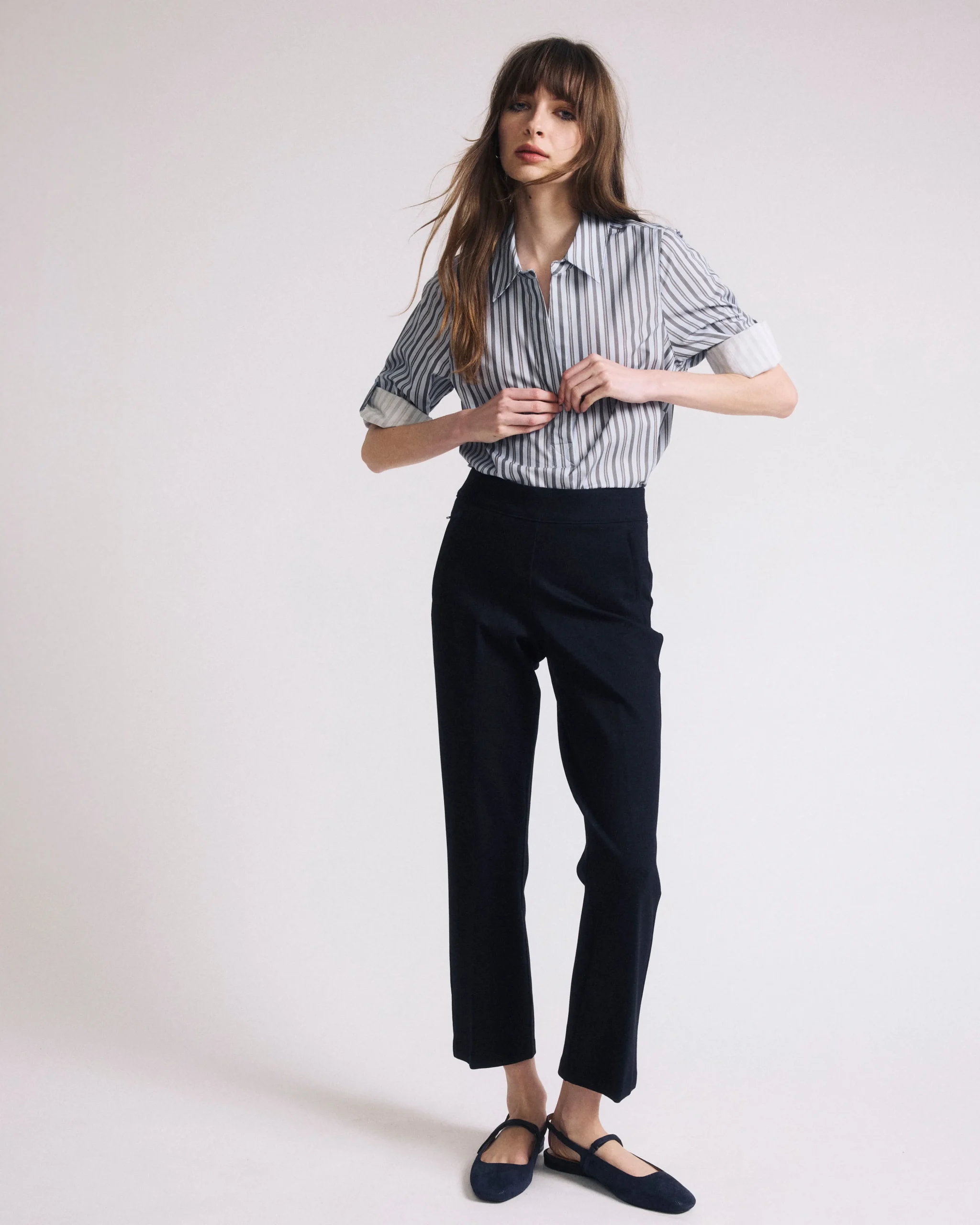 Button Back Poplin Polo Shirt Smokey Blue Stripe