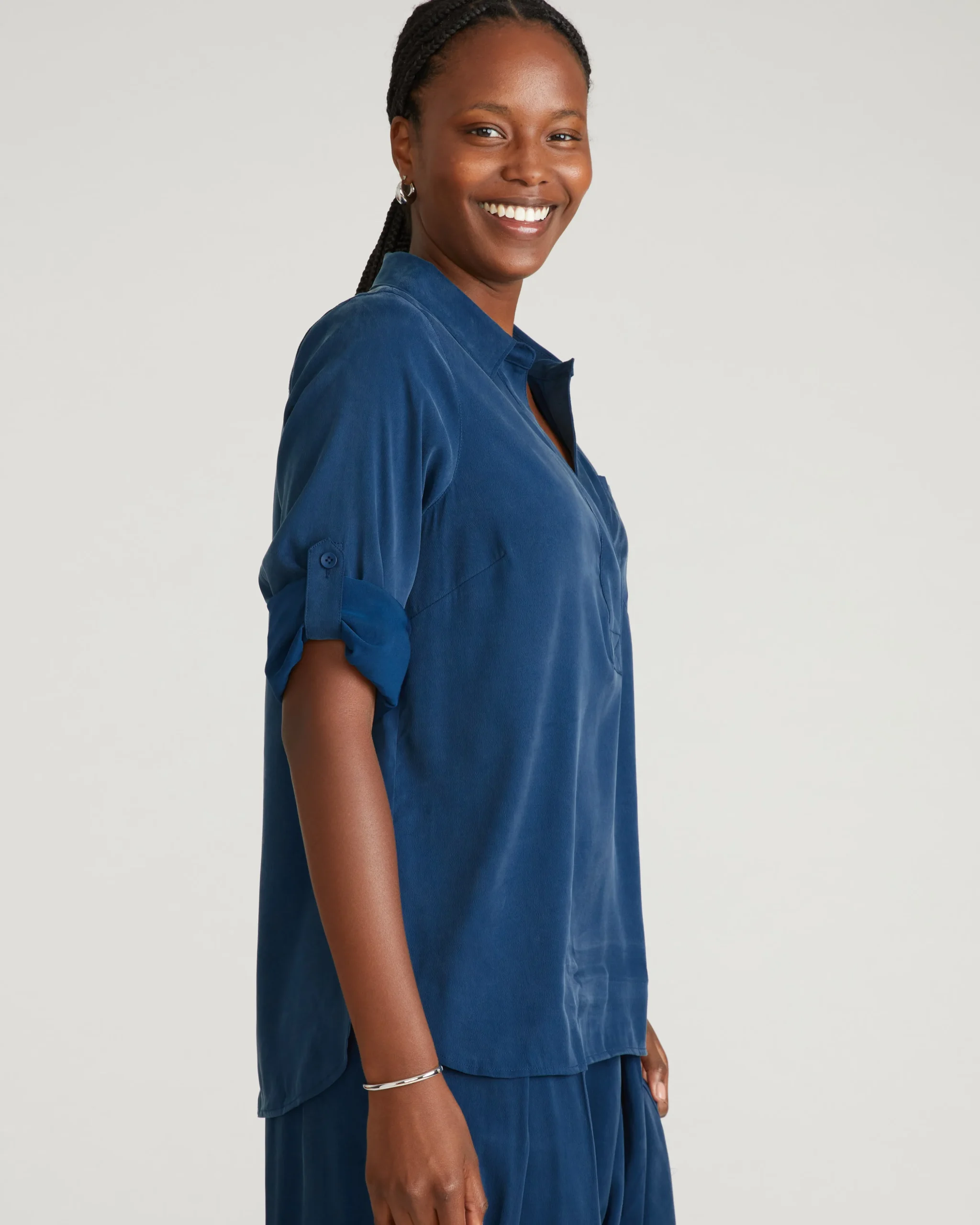 Button Back Stretch Cupro Polo Shirt Pageant Blue
