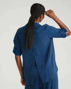 Button Back Stretch Cupro Polo Shirt Pageant Blue