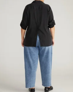 Button Back Stretch Cupro Polo Shirt Black