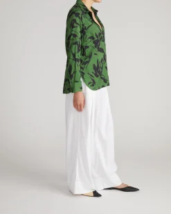Button Back Stretch Cupro Polo Shirt Green Sgraffito Print