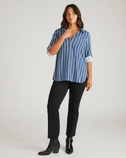 Button Back Stretch Cupro Polo Shirt Ensign Blue/White Stripe