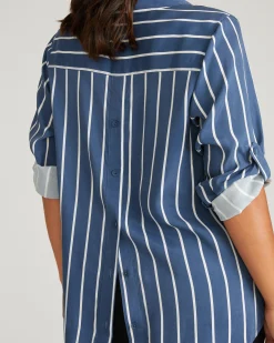 Button Back Stretch Cupro Polo Shirt Ensign Blue/White Stripe