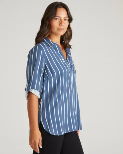 Button Back Stretch Cupro Polo Shirt Ensign Blue/White Stripe