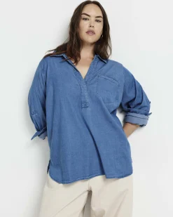 Button Back Tencel Chambray Shirt Cove Blue