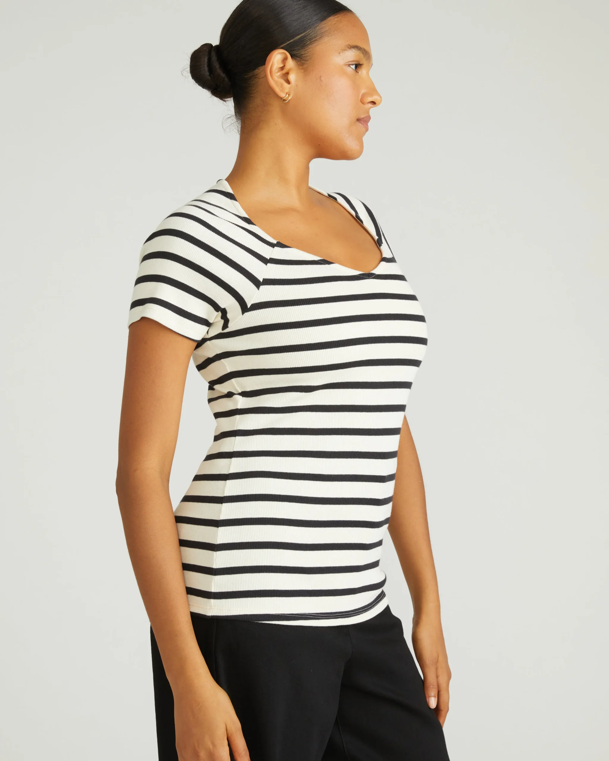 Carey Ribbed Sweetheart Tee Ecru/Black Stripe
