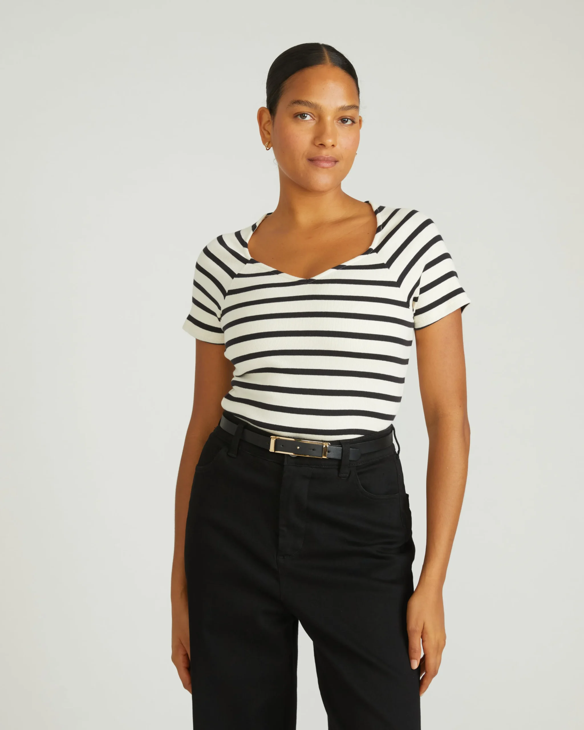 Carey Ribbed Sweetheart Tee Ecru/Black Stripe
