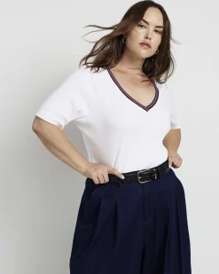 Classic V-Neck Ribbed Tee White/Striped Trim