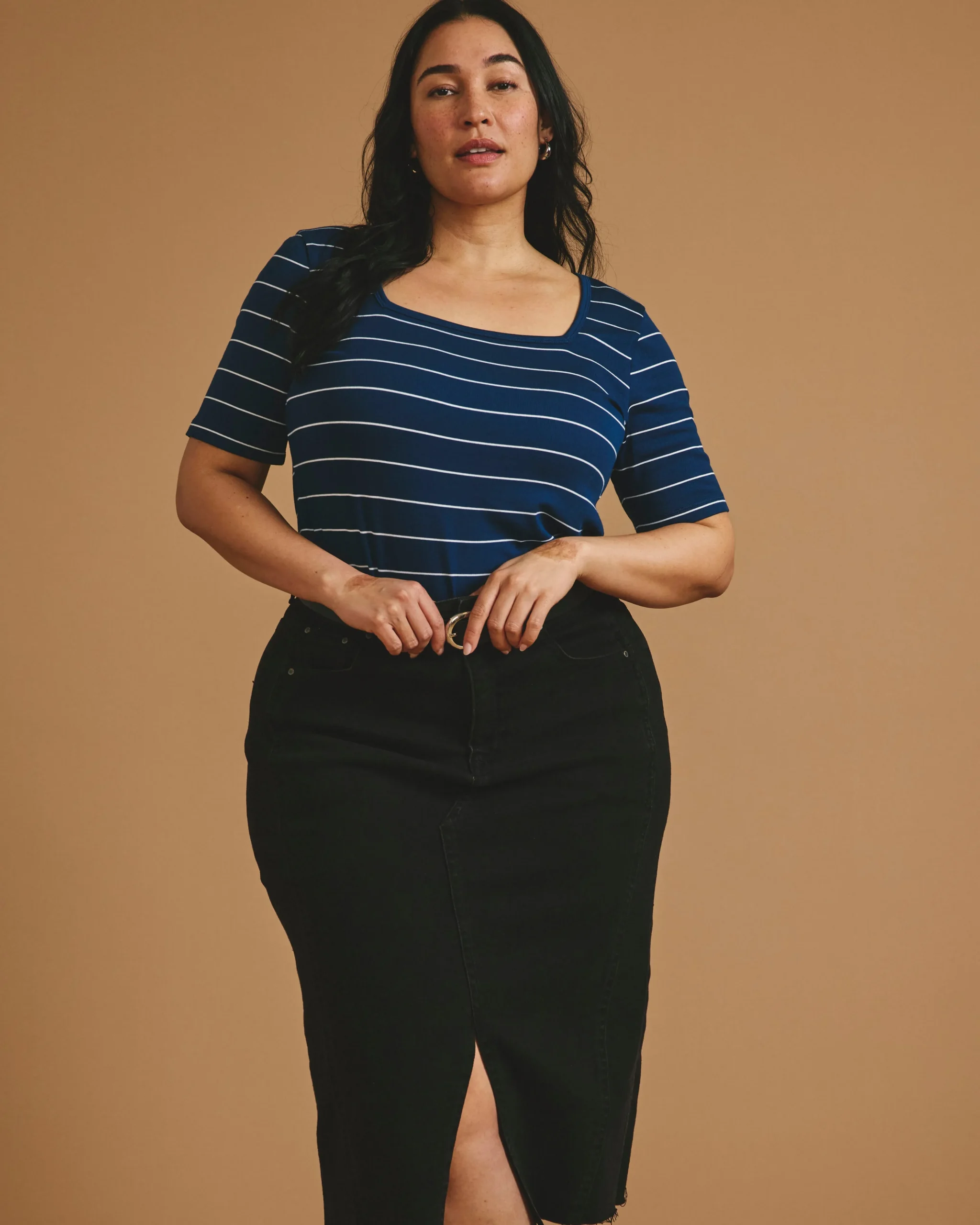 Cloud Rib Short Sleeve Square Neck Tee Teal/White Microstripe