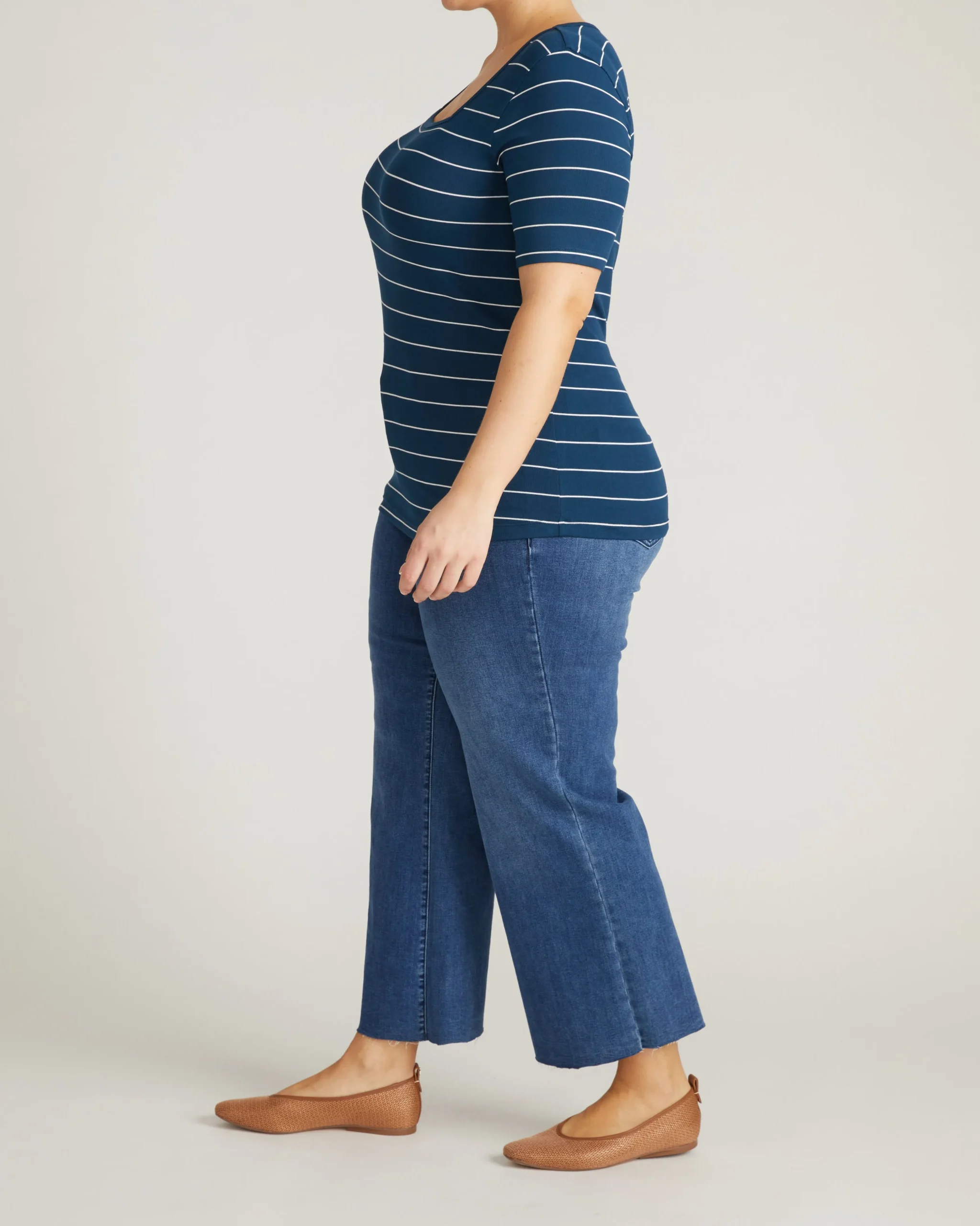 Cloud Rib Short Sleeve Square Neck Tee Teal/White Microstripe