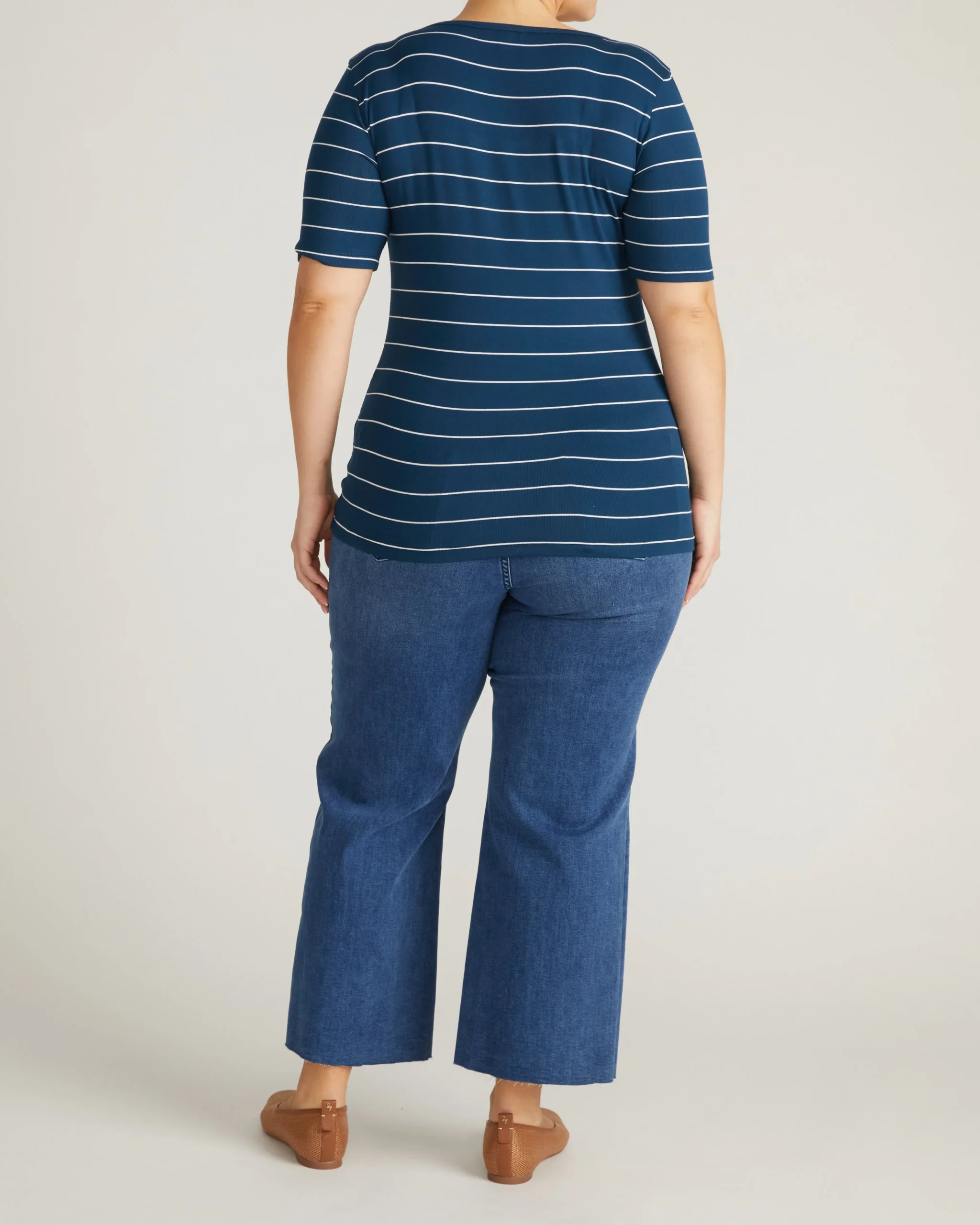 Cloud Rib Short Sleeve Square Neck Tee Teal/White Microstripe