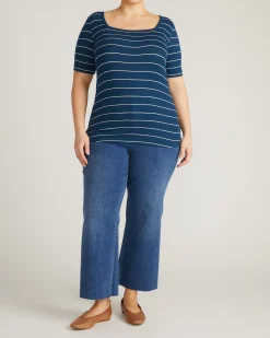 Cloud Rib Short Sleeve Square Neck Tee Teal/White Microstripe