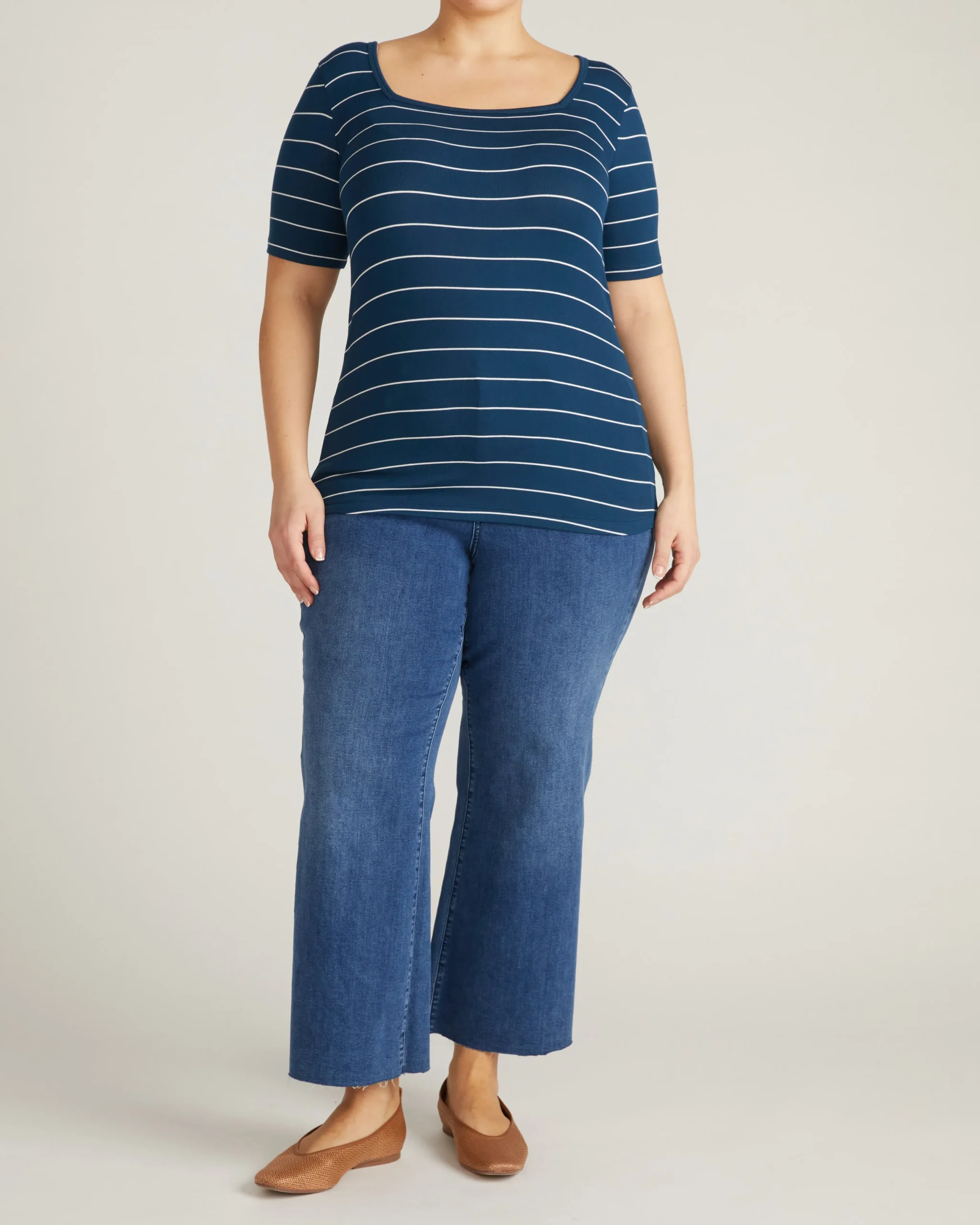 Cloud Rib Short Sleeve Square Neck Tee Teal/White Microstripe