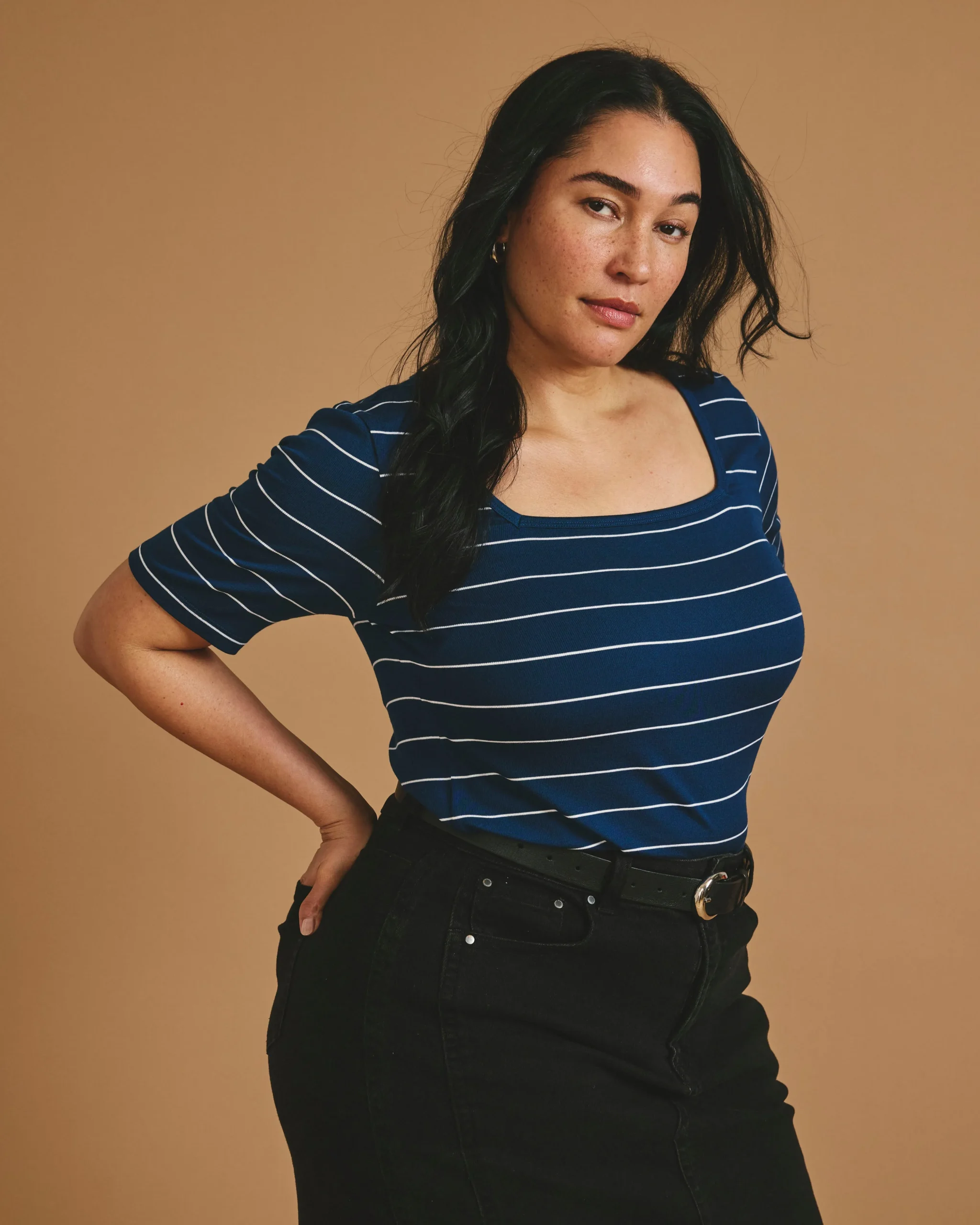 Cloud Rib Short Sleeve Square Neck Tee Teal/White Microstripe